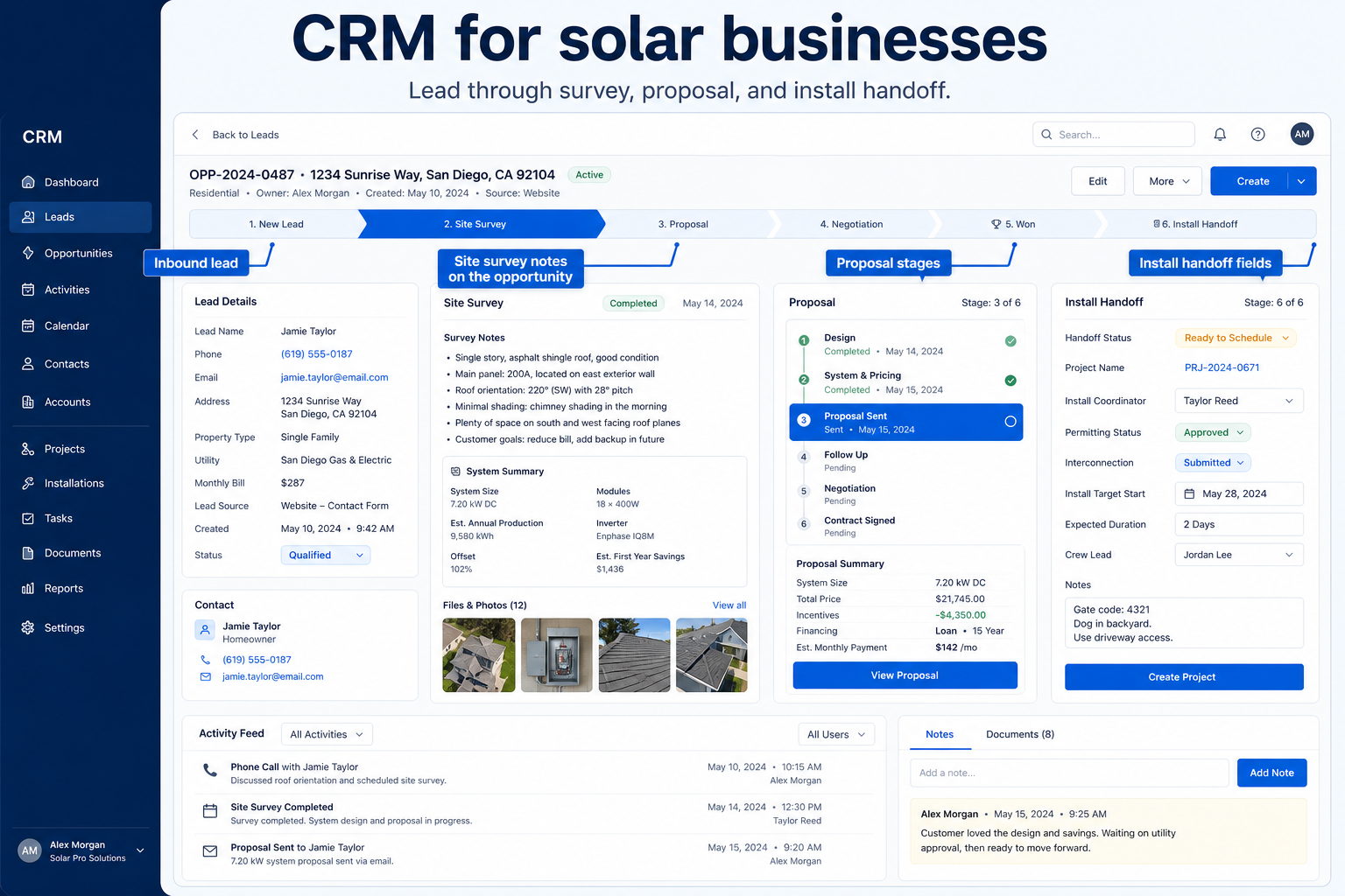Educational CRM UI mockup for solar businesses: lead through survey, proposal, and install handoff