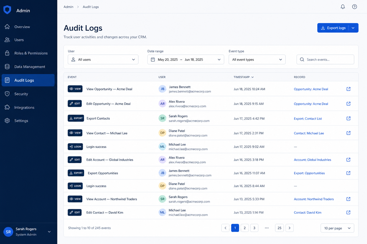 CRM audit log UI showing export, field change, and permission-change events with actor, timestamp, and export action