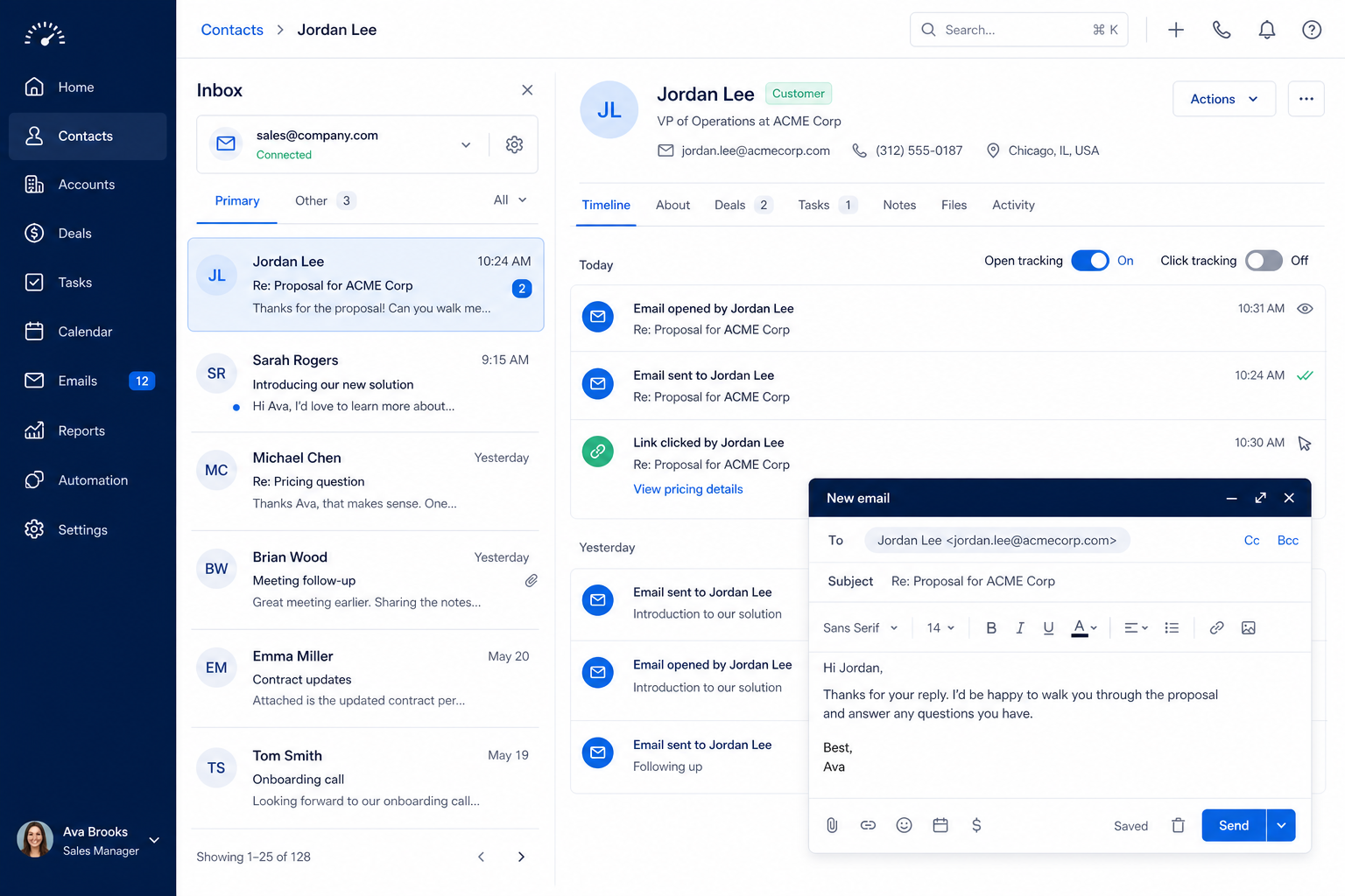 CRM contact timeline mockup with synced inbound and outbound emails, calendar meeting, and exclusion control for private threads