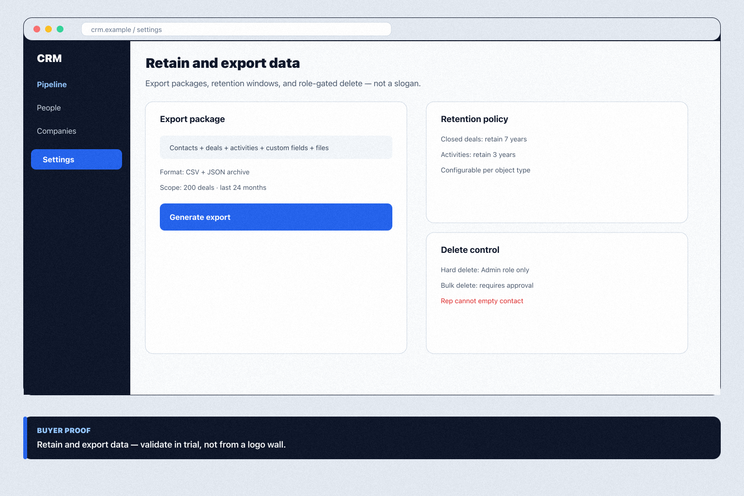 Educational CRM UI showing export packages, retention windows, and a role-gated delete control.