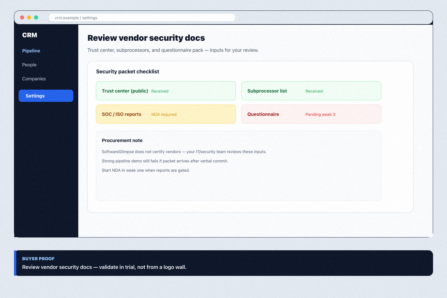Educational checklist of trust center, subprocessors, and questionnaire pack as buyer inputs — not compliance badges.