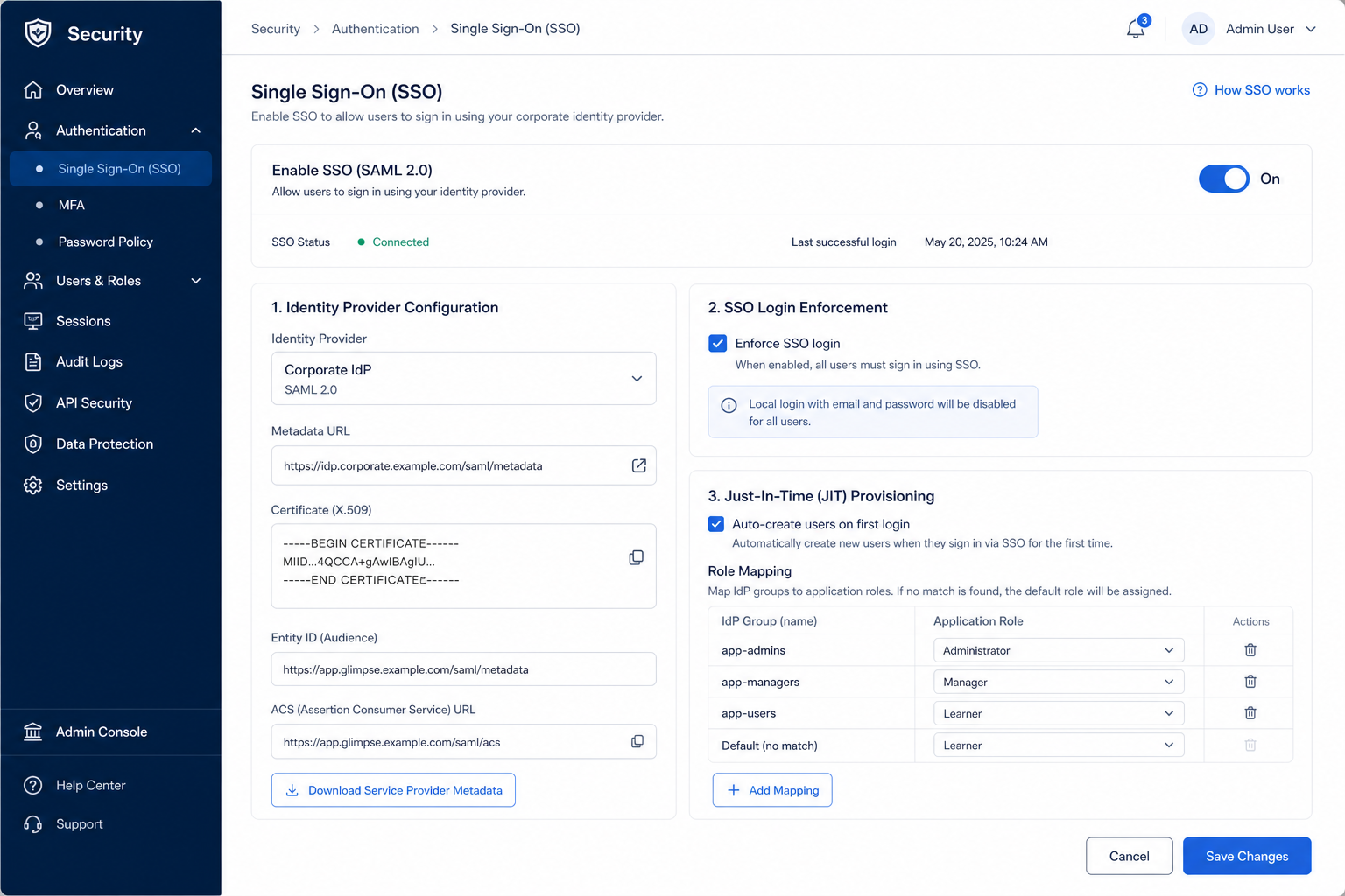 Workforce IdP sign-in flow into CRM with SAML/OIDC indicators, enforced SSO setting, and offboarding disablement path