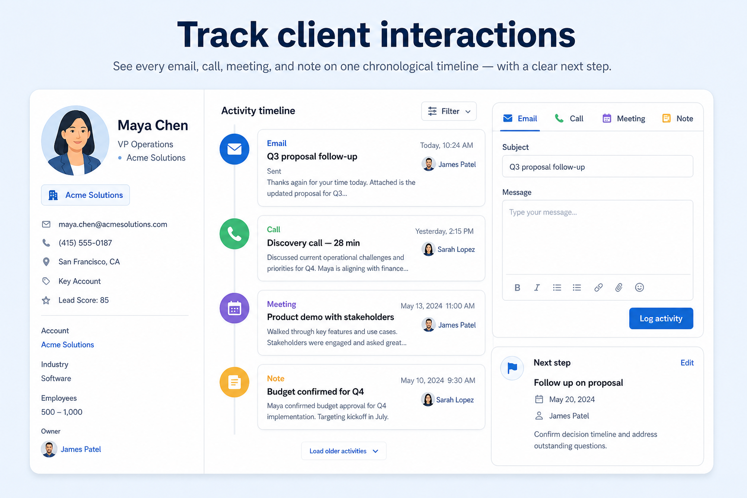 Educational CRM account timeline showing emails, calls, meetings, and notes with owners and next-step tasks on one record.