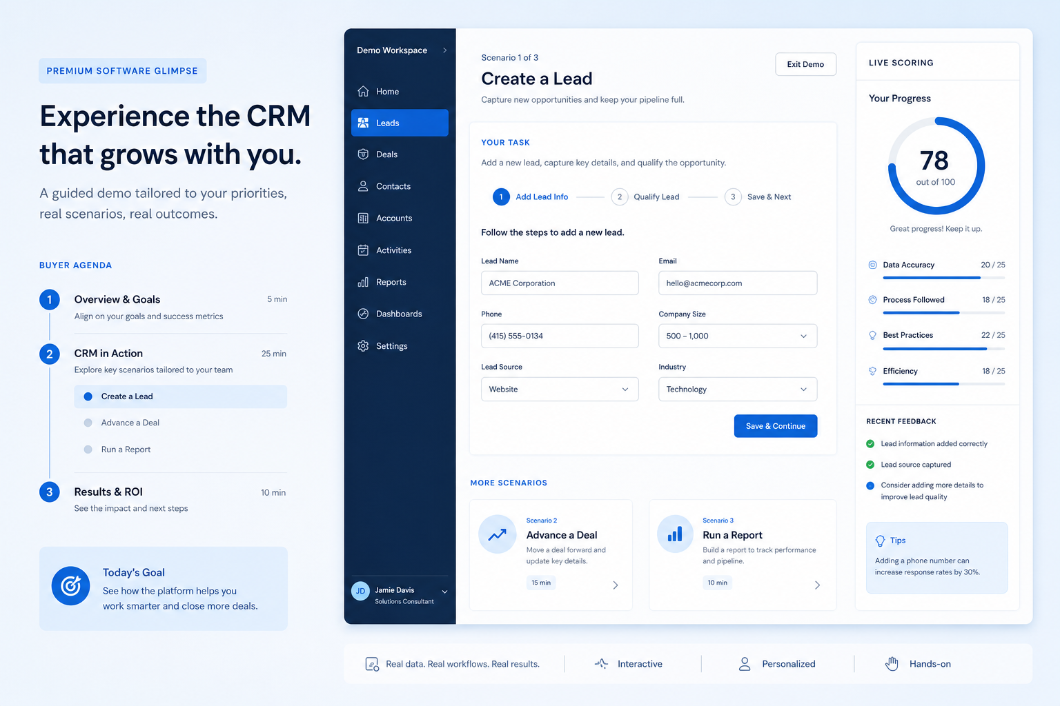 CRM demo checklist showing a buyer-owned agenda, live scenario rows, and Pass / Partial / Fail marks with evidence.