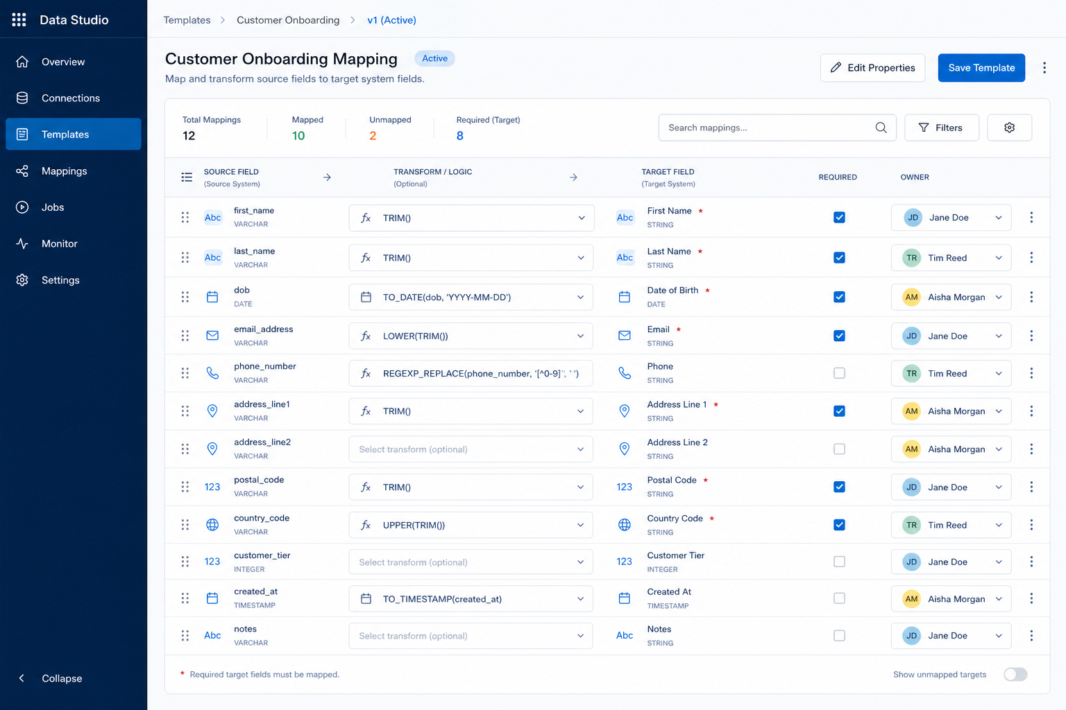 CRM field mapping flow: source CRM to object mapping to field mapping to transform to validation to target CRM.