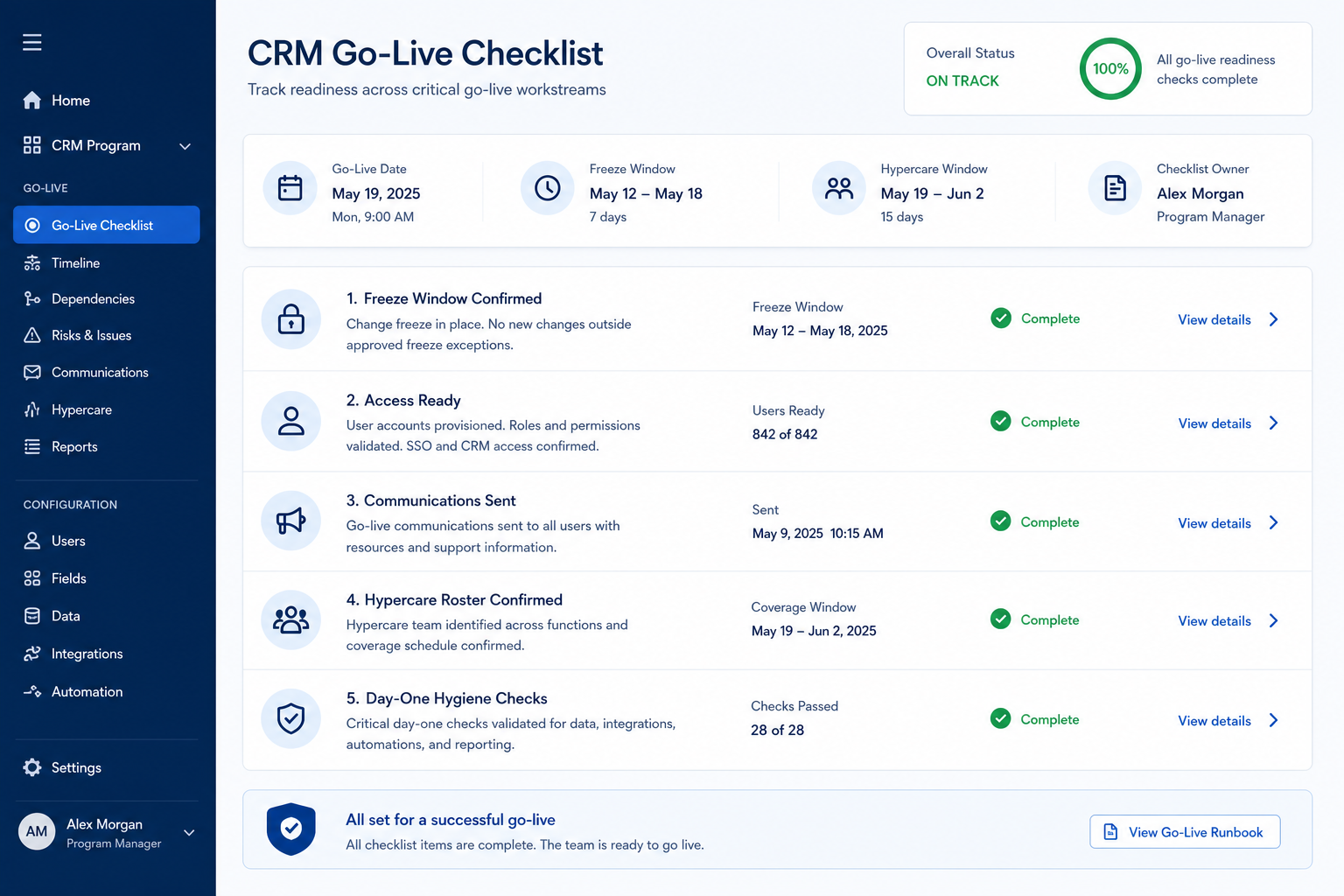 CRM go-live checklist showing freeze status, access audit, smoke-check rows with required flags, and the hypercare rota.