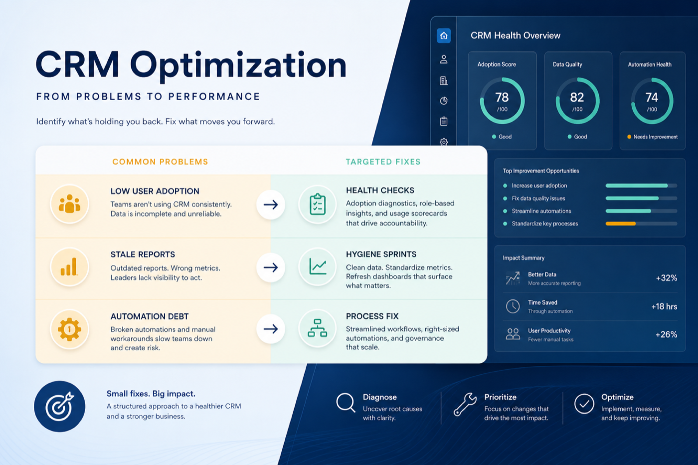 What’s inside the CRM Optimization Checklist: health pass, adoption checks, data trust, reporting trust, automation debt, and capacity.