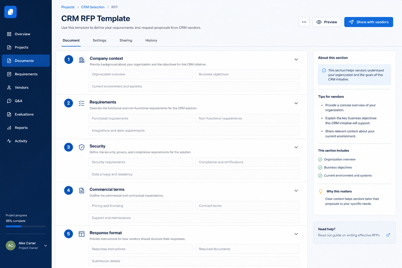 CRM RFP cover: buyer brief, glance card, vendor deadline, selection workflow.