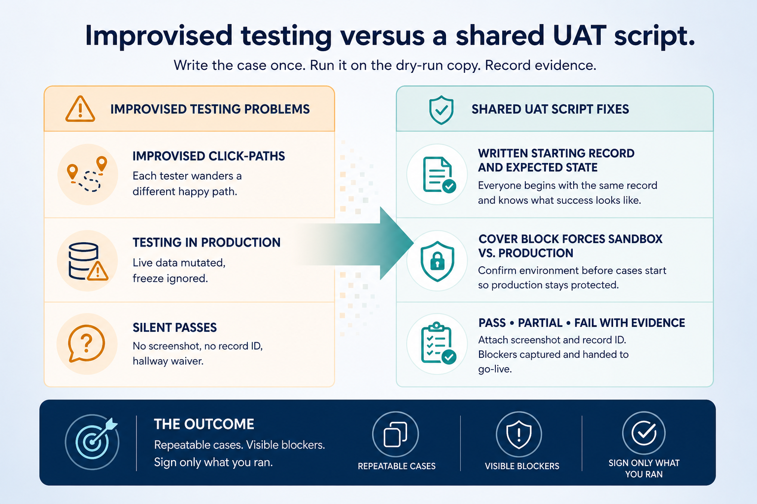 Diagram of improvised testing problems versus a shared UAT script
