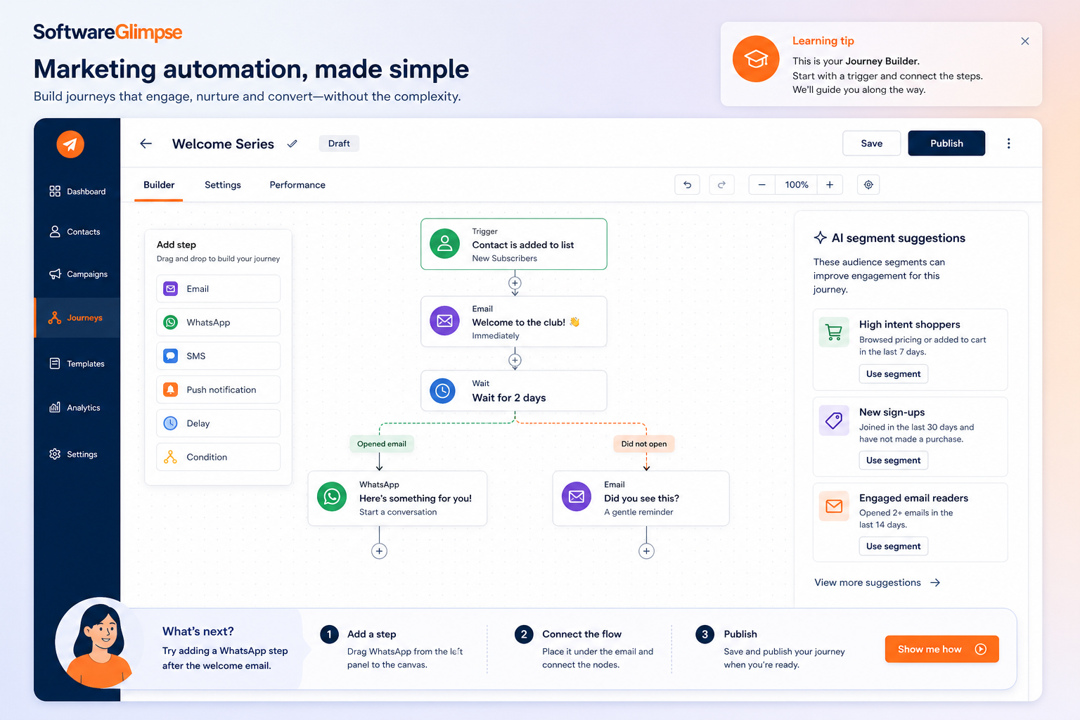 Teaching UI mockup of a Freshmarketer-style workspace for Freshworks marketing automation