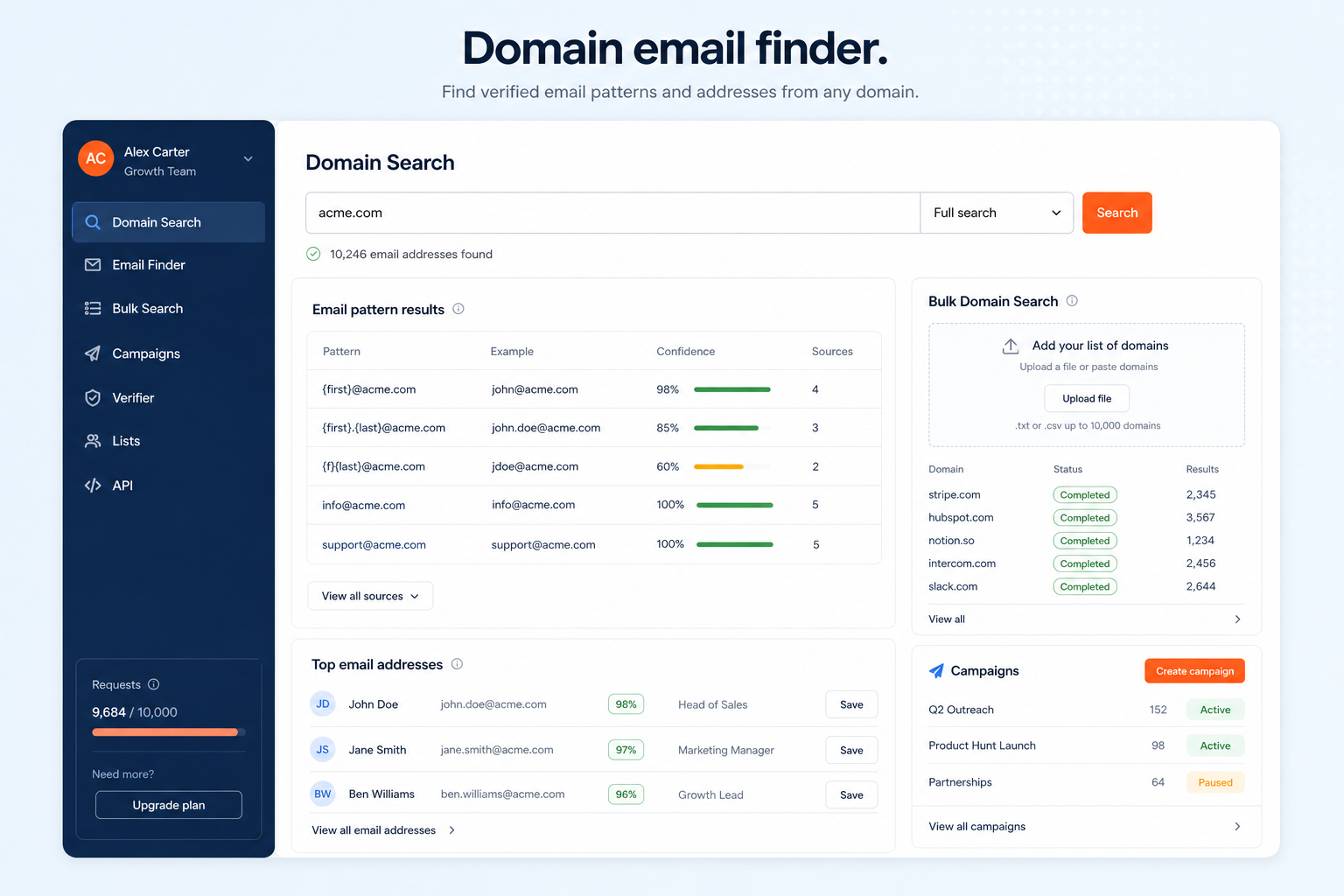 Teaching UI mockup of a Hunter style sales intelligence workspace