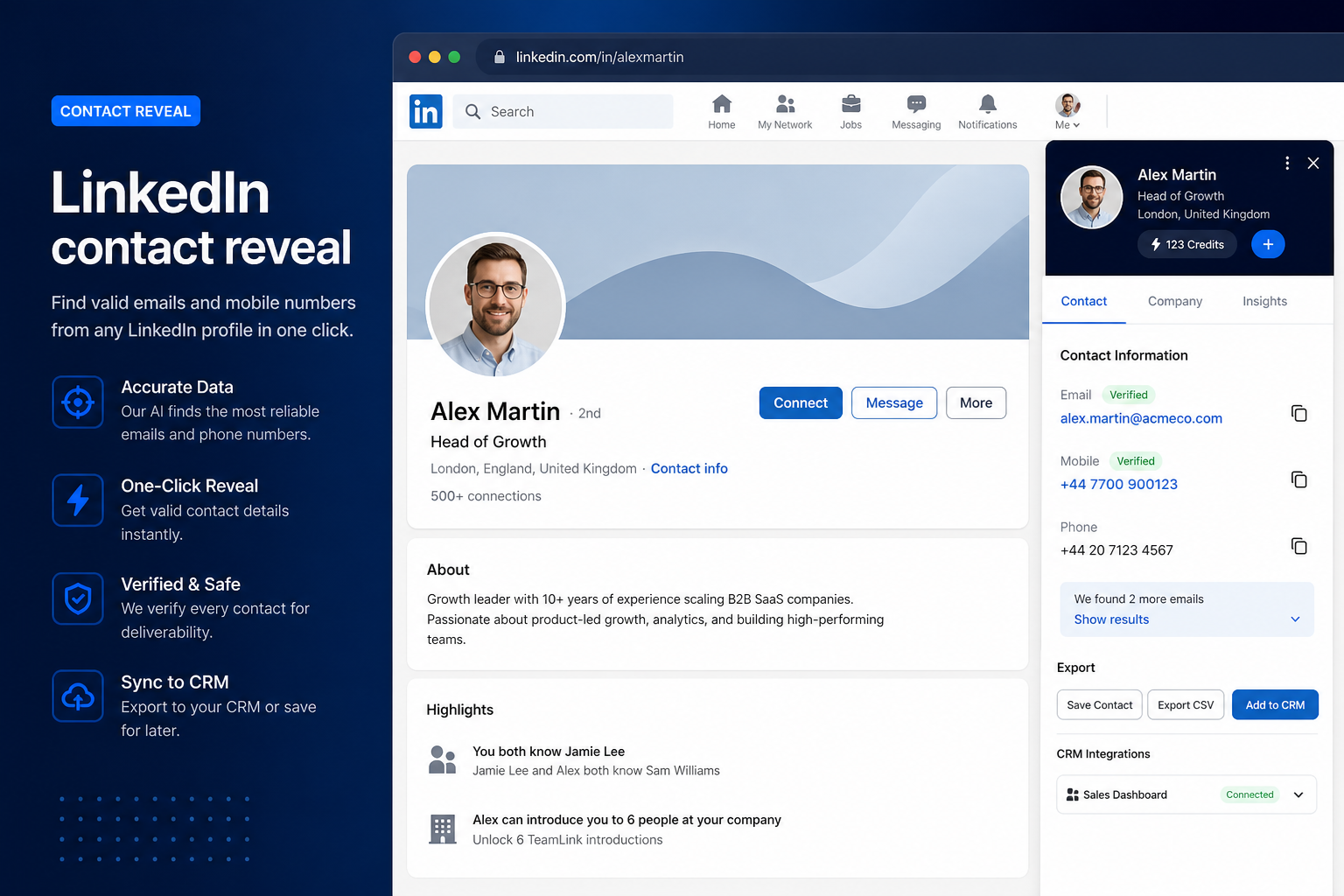 Teaching UI mockup of a Kaspr style sales intelligence workspace
