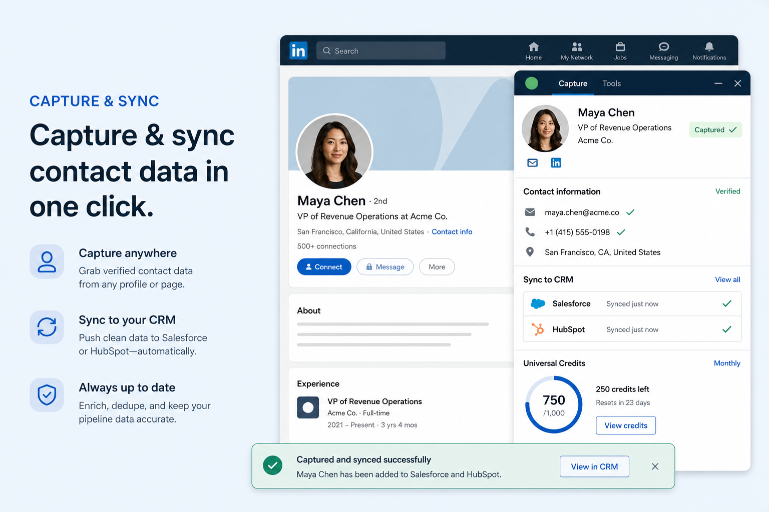Teaching UI mockup of a LeadIQ style sales intelligence workspace