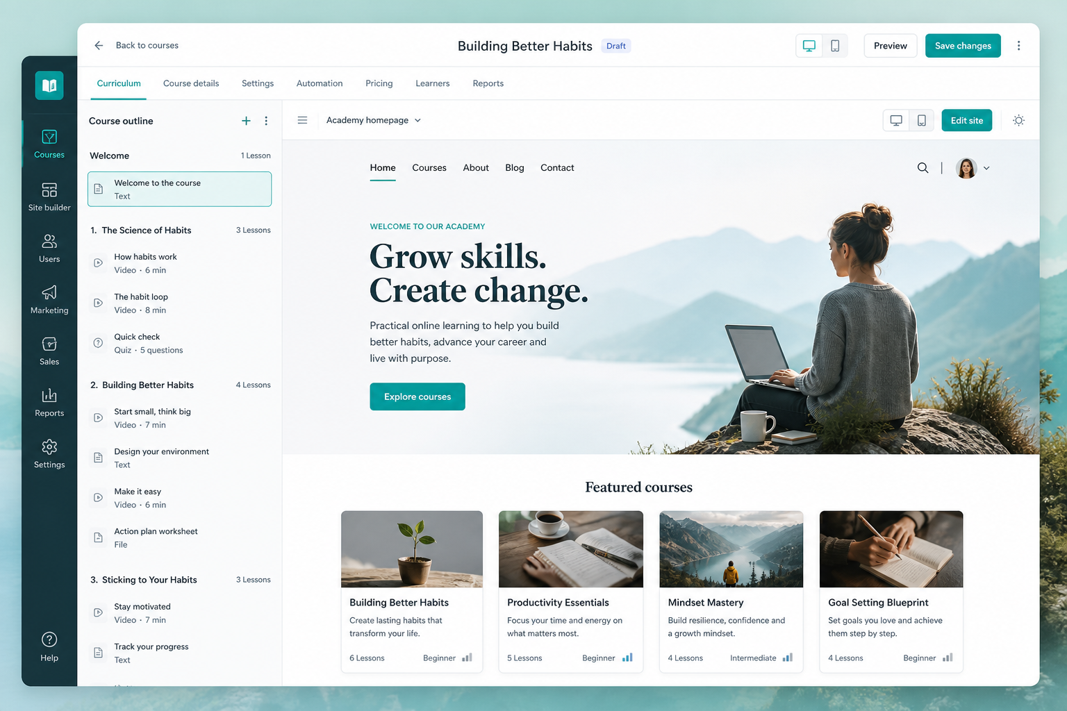 Teaching UI mockup of a LearnWorlds-style workspace for course creation and academy LMS