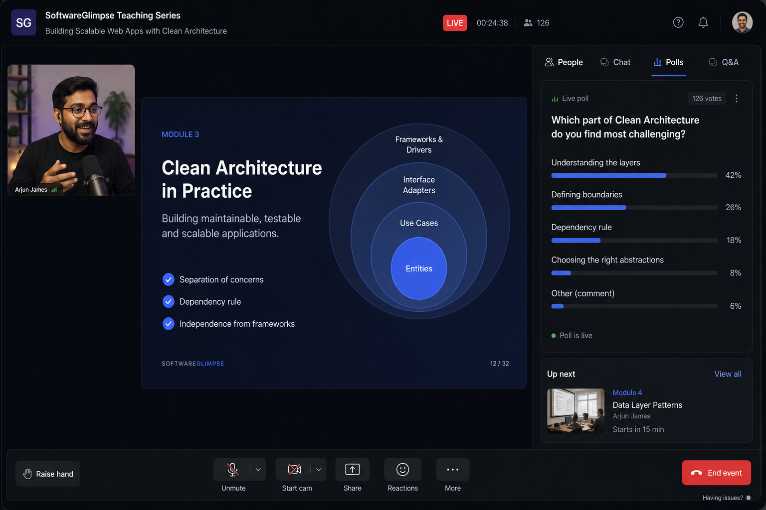 Teaching UI mockup of a Livestorm-style workspace for webinars and virtual events