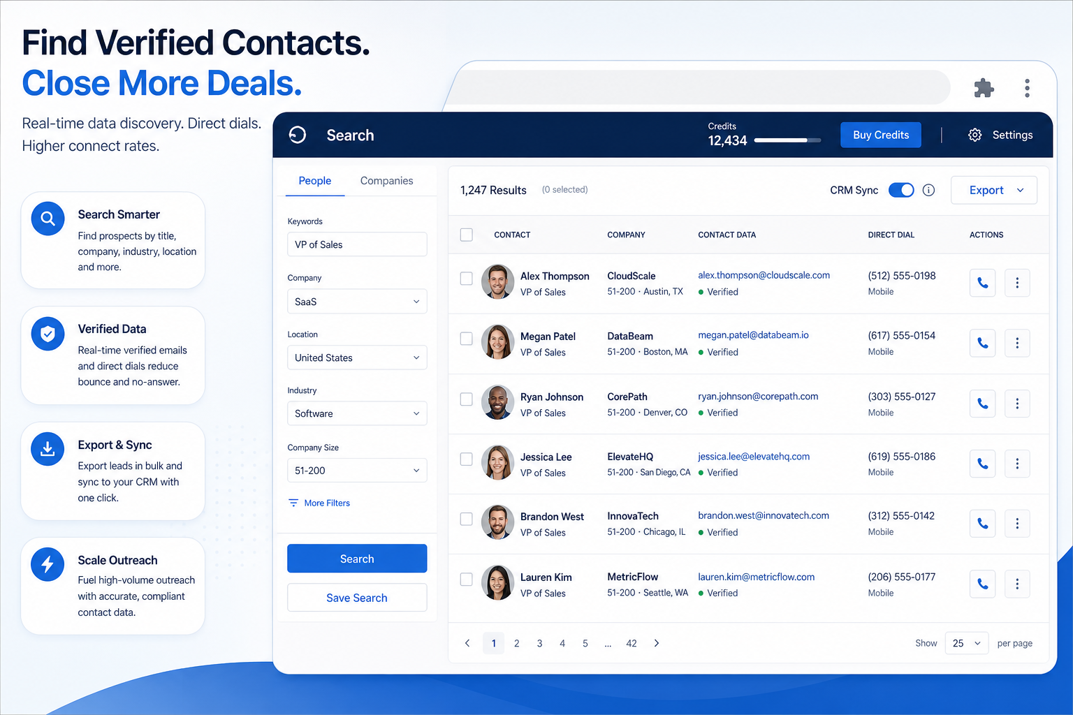 Teaching UI mockup of a Seamless.AI style sales intelligence workspace