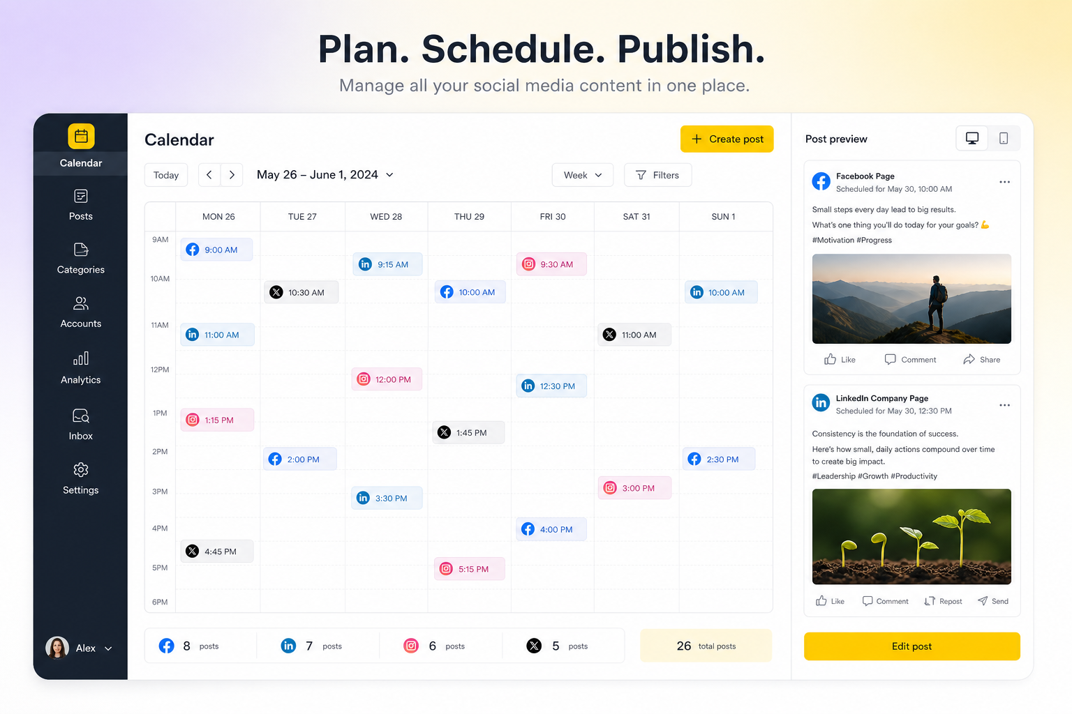 Teaching UI mockup of a SocialBee-style workspace for social scheduling and content recycling