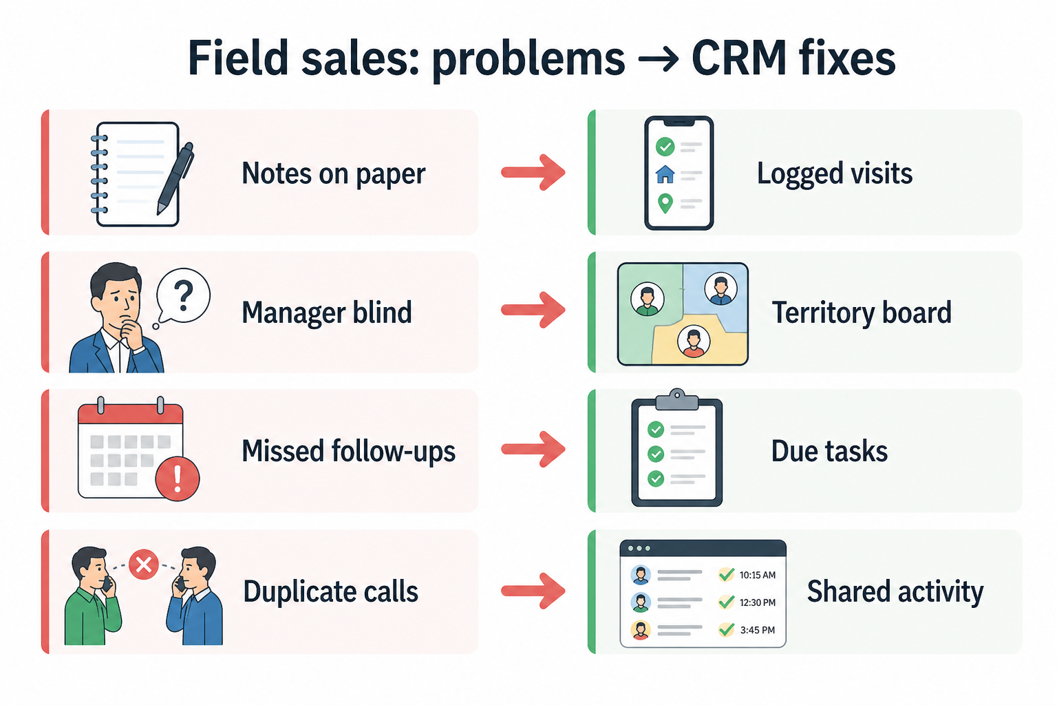 Diagram mapping field pains — notebook CRM, territory fog, follow-up gaps, inside/field handoff breaks — to CRM fixes.