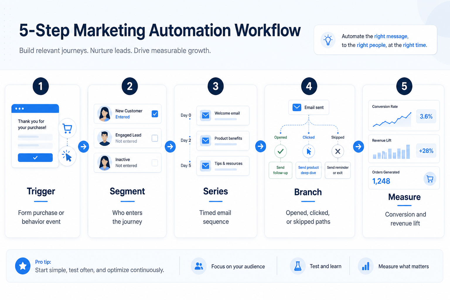 Five-step marketing automation workflow: map, connect data, build, test, operate.
