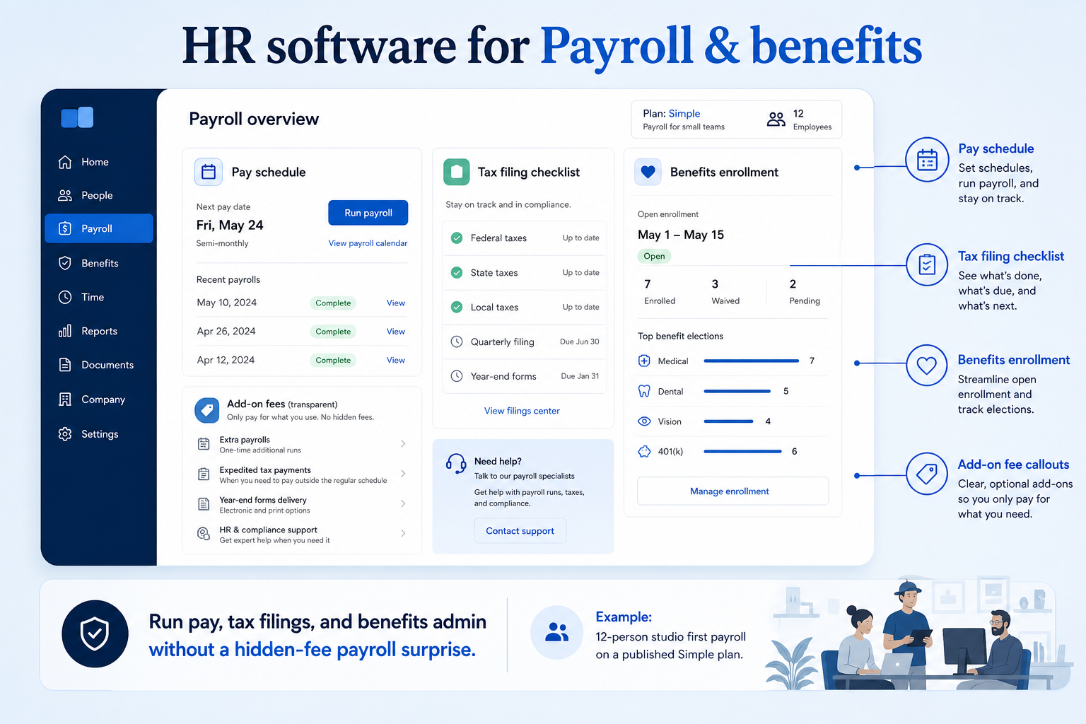 Educational diagram for Payroll & benefits in HR software.