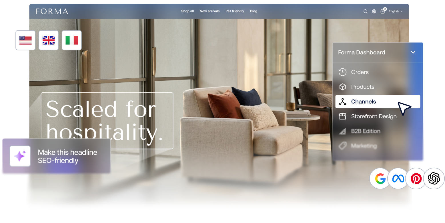 BigCommerce dashboard, storefront, channels, and SEO collage