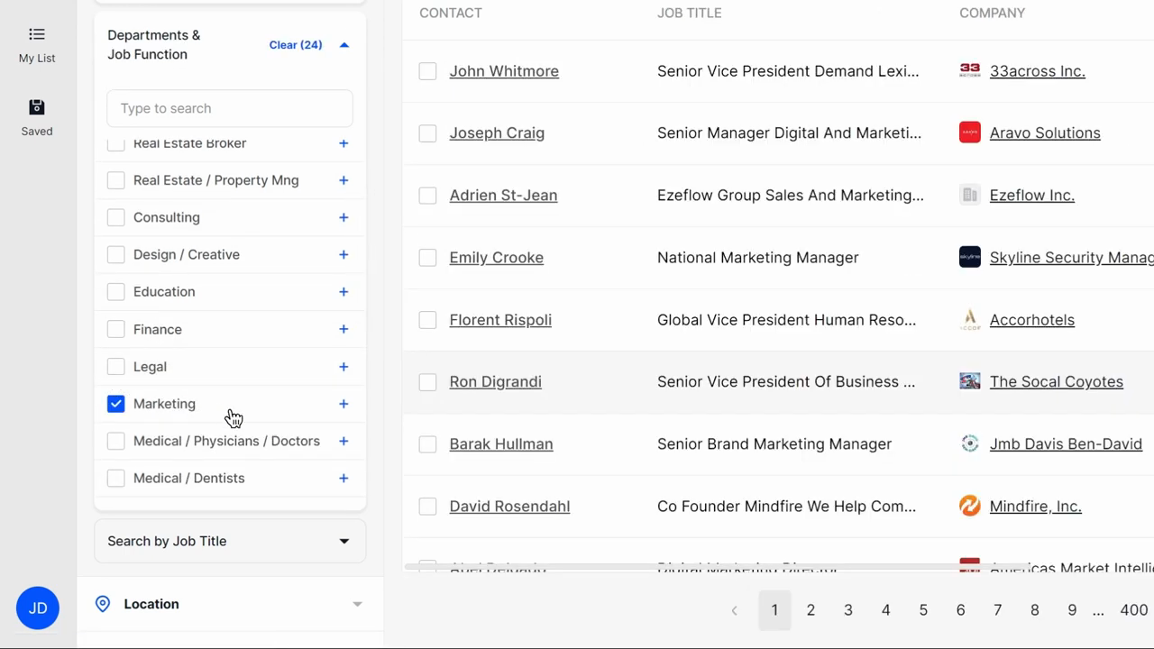 BookYourData Prospector with Marketing department filter and contact results table