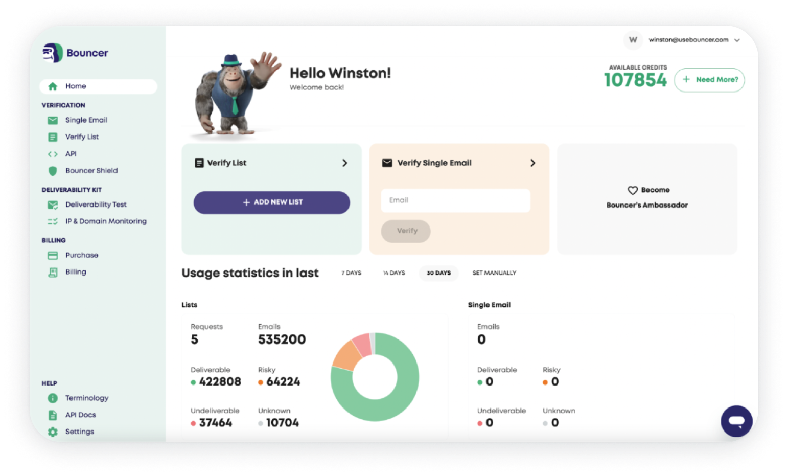Bouncer email verification dashboard overview