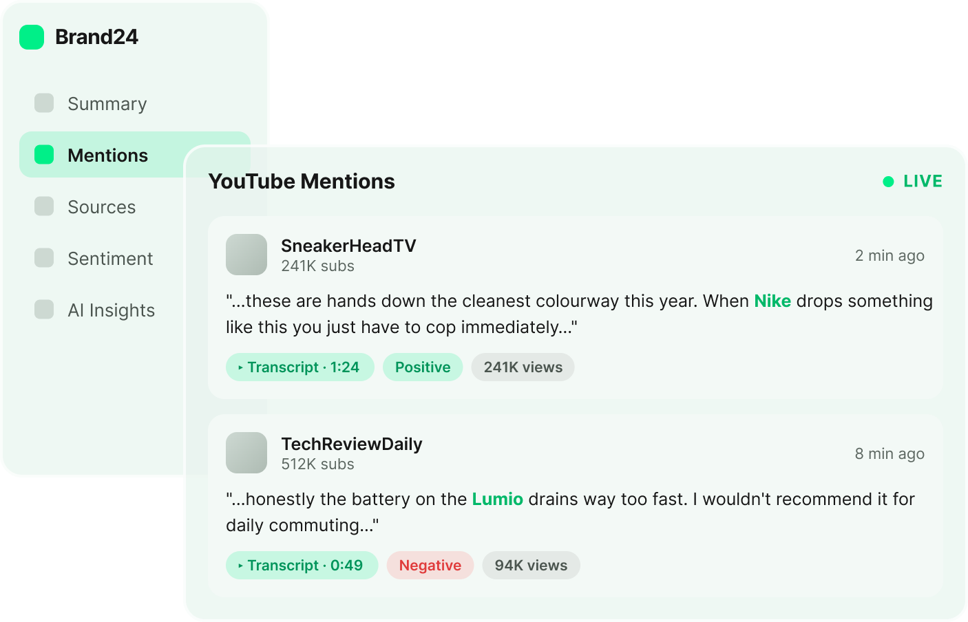 Brand24 YouTube mentions monitoring UI