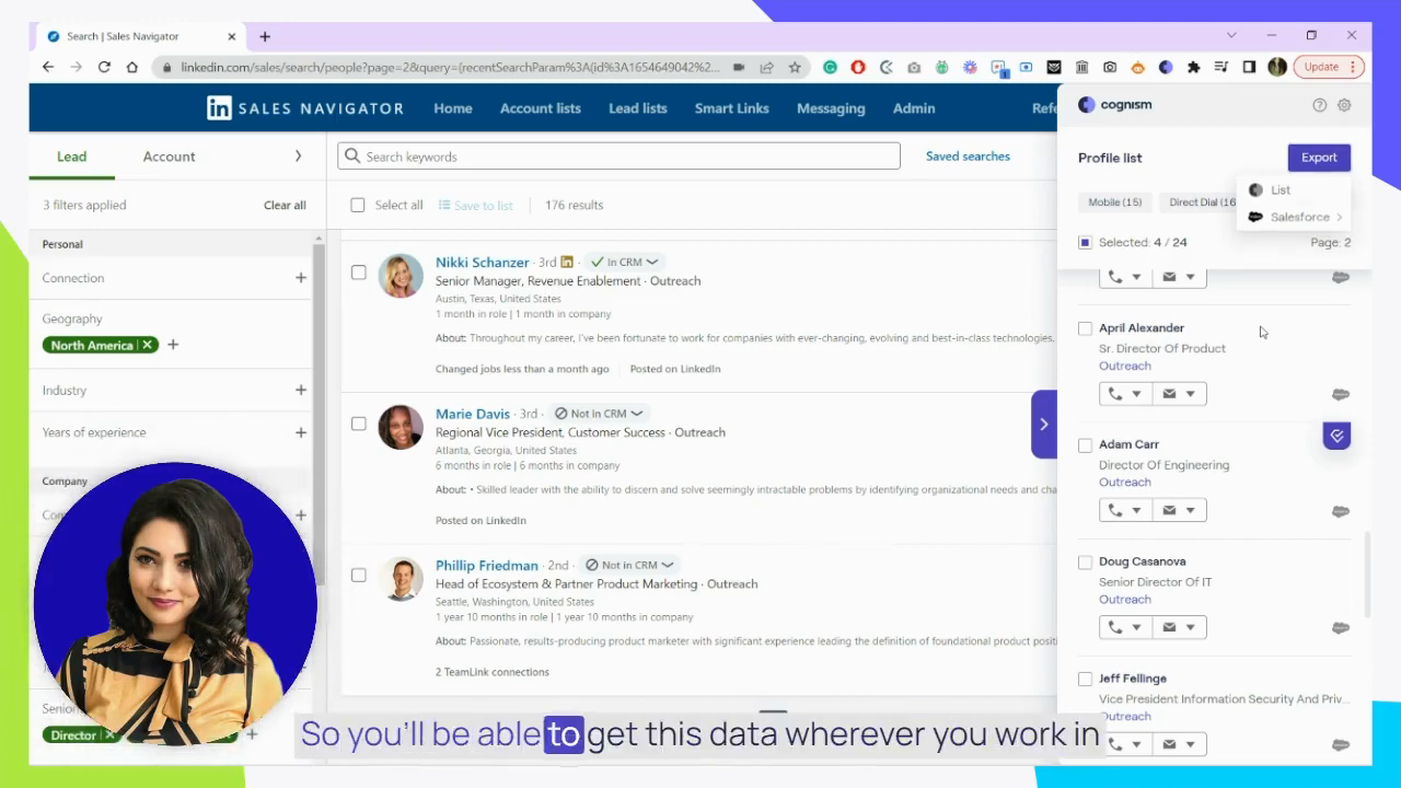 Cognism Chrome extension export menu with List and Salesforce options