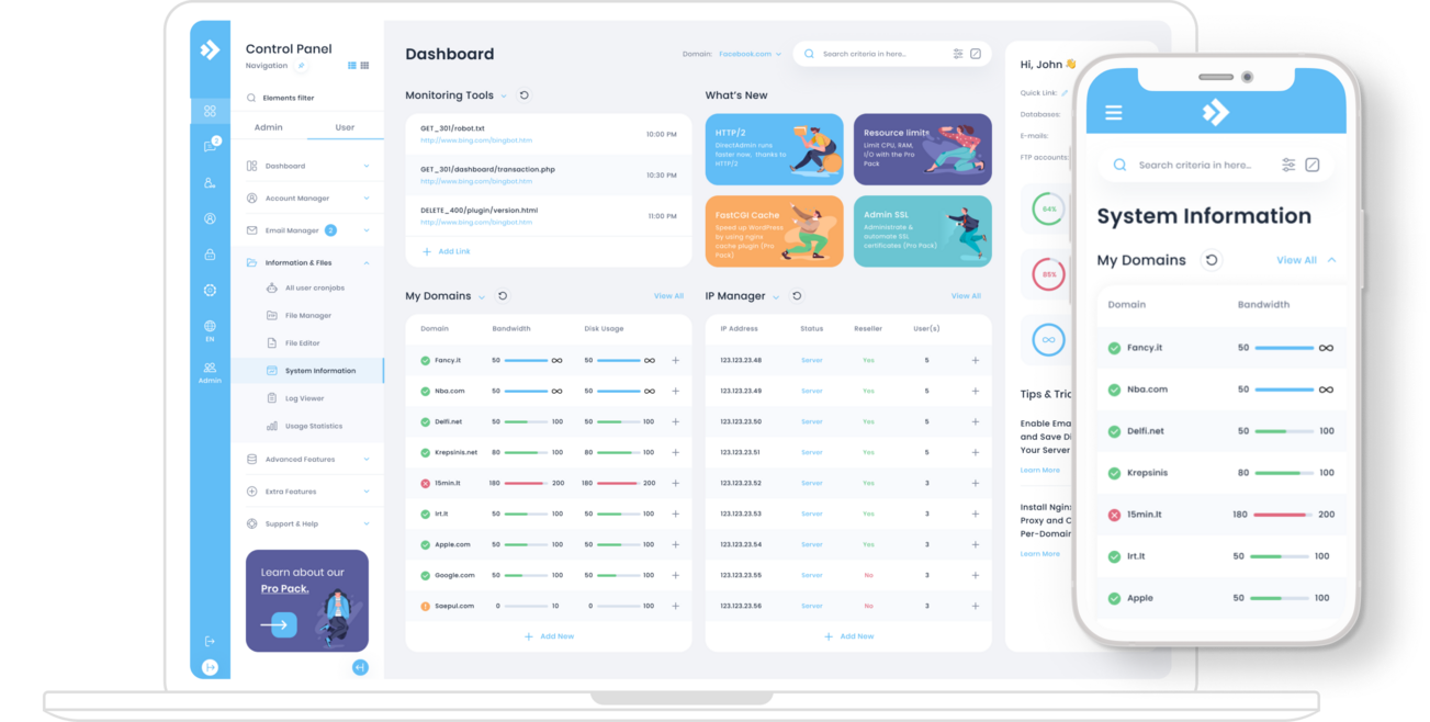 DirectAdmin control panel dashboard on desktop and mobile