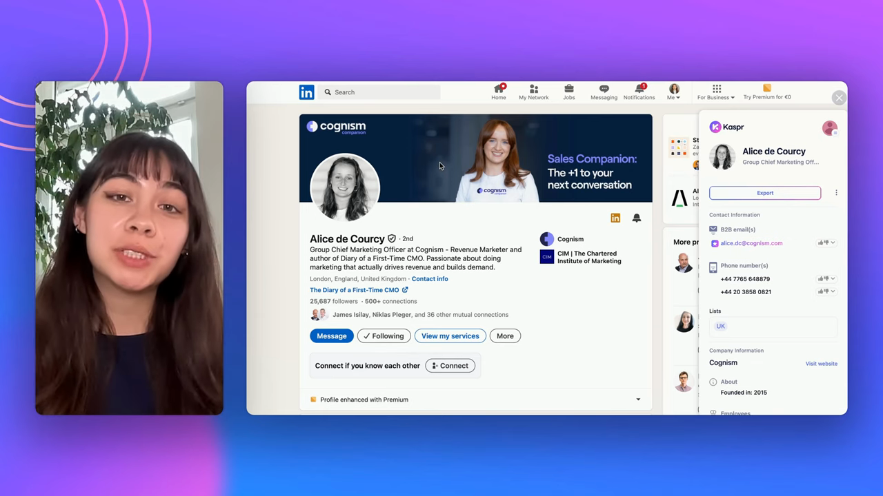 Kaspr Chrome extension on LinkedIn showing email, phone, and export