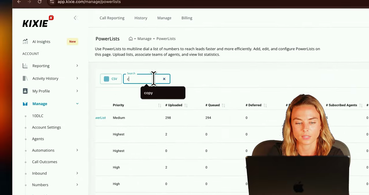 Kixie PowerLists manage page with uploaded queued and deferred counts