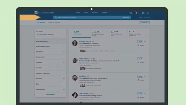 LinkedIn Sales Navigator lead results with filters and Save actions