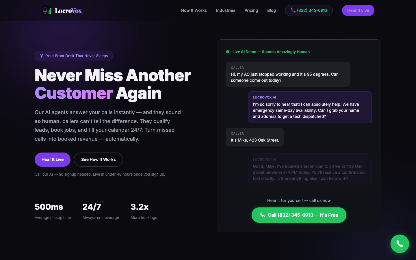 LucroVox AI phone receptionist homepage