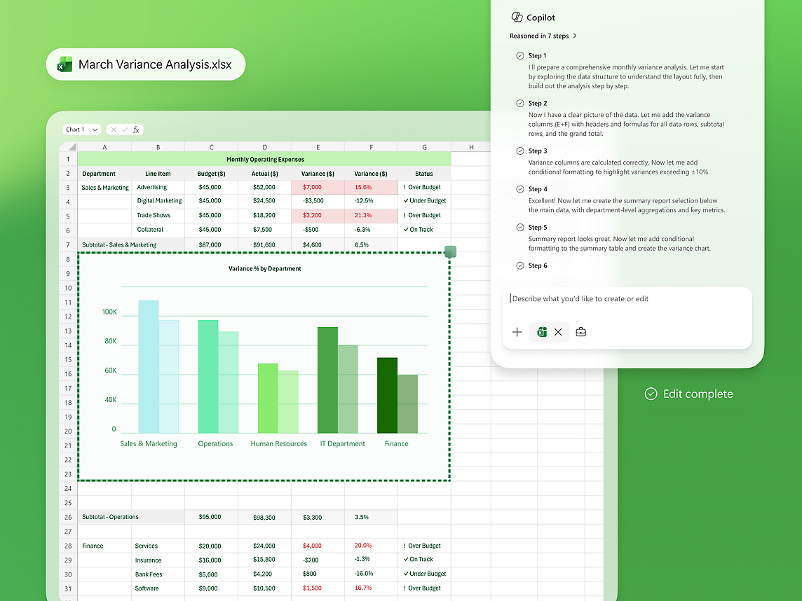 Microsoft 365 Copilot Excel agent UI