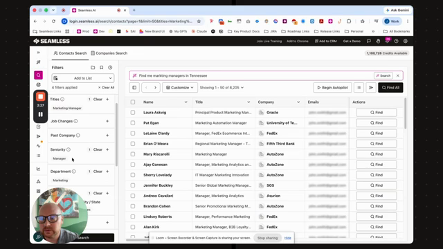 Seamless.AI Contacts Search with AI query and filter sidebar
