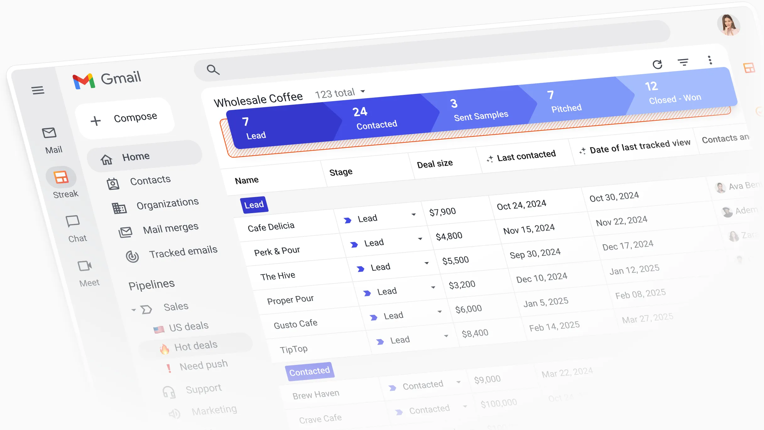 Streak pipeline board in Gmail CRM