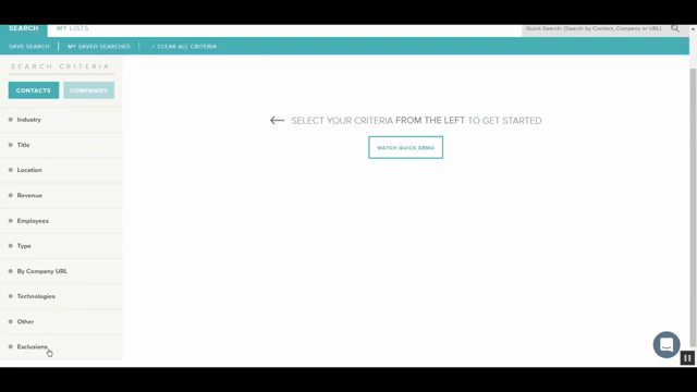 UpLead contact search with criteria sidebar for industry, title, location, and more