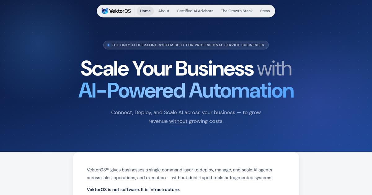 VektorOS homepage product UI
